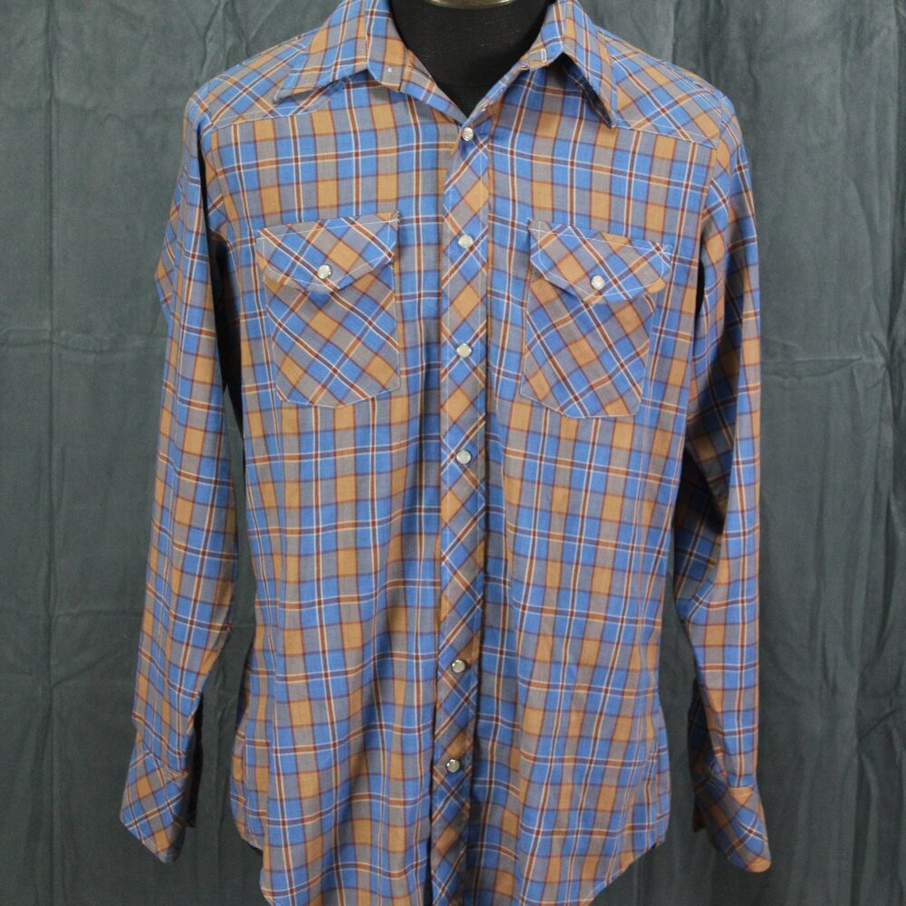 Vintage Western Shirt - Blue and Brown Checker Pattern - Men's Large Tall